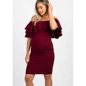 Off Shoulder Double Ruffle Maternity Dress